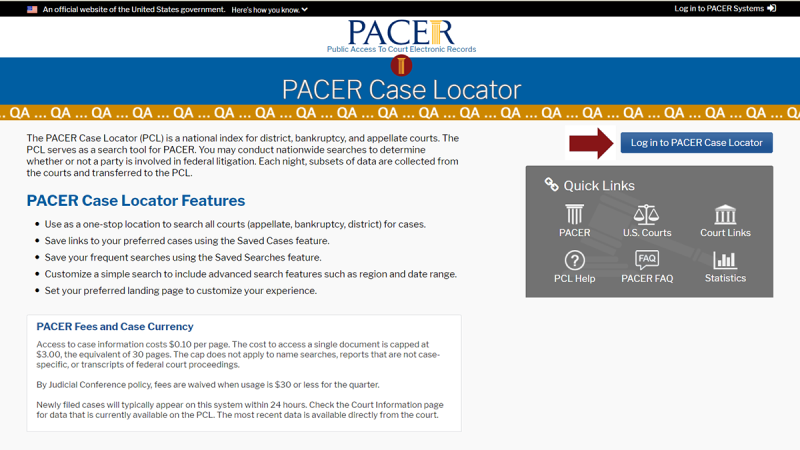 News PACER Case Locator application webpage.