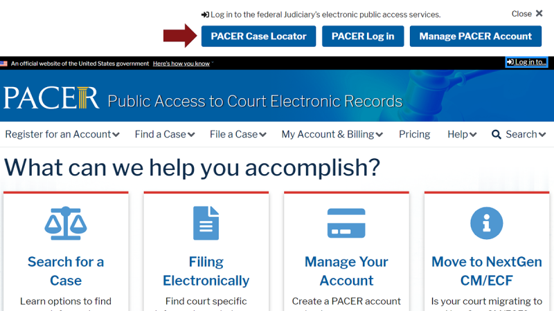 Pacer.uscourts.gov homepage with top login section expanded to display where to click on PACER Case Locator button.
