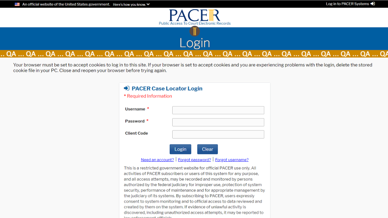 National PACER Login webpage