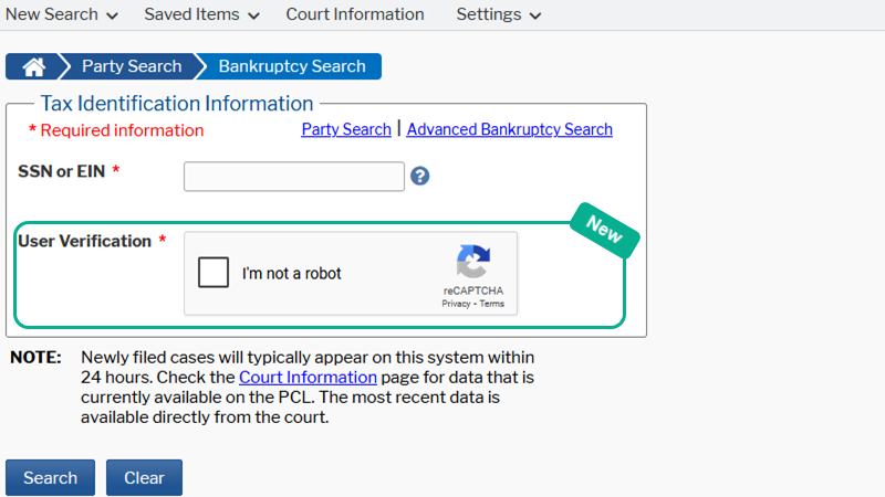 screenshot of PACER Case Locator's updated Bankruptcy Search page